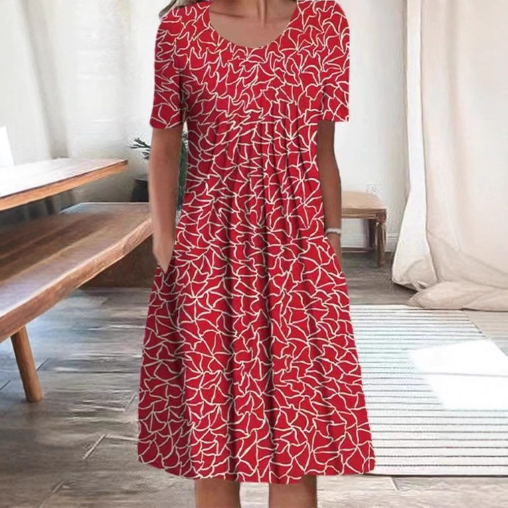Plus Size Spring And Summer Women's Elegant Big Skirt Round Neck Short Sleeve Dress_ecoleips.com