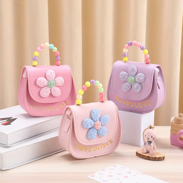 Children's Coin Purse Cute Pink Flower Pearl Handbag Girls Fun Baby Diagonal Shoulder Bag Wholesale Storage