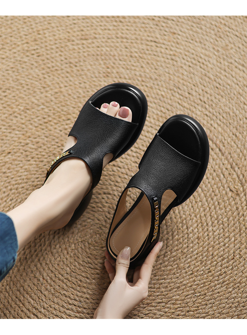 Dép sandal nữ da cừu miệng cá đế dày gót cao nhẹ — đen chi tiết 7