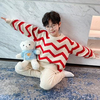 男大童半边绒睡衣秋冬款2024新款儿童外穿家居服套装加厚保暖男孩