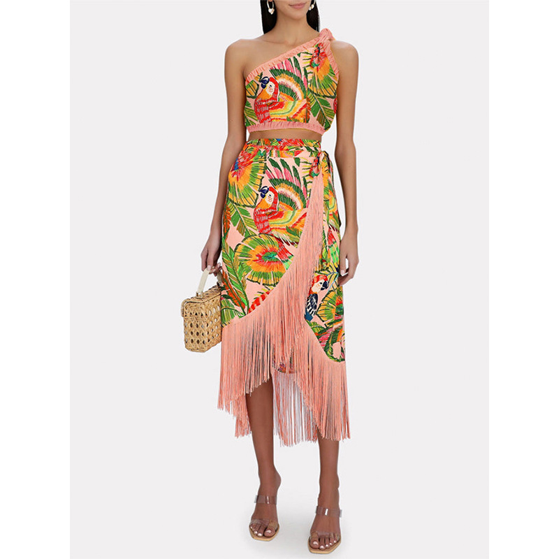232g Weight Sleeveless Sleeve Length Women's Fashion Printing 2 Piece Set One Piece