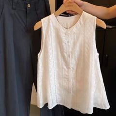 自分用におすすめ〜フレンチレース刺繍ホワイトノースリーブベストシャツレディース2025夏新作ルーズトップ