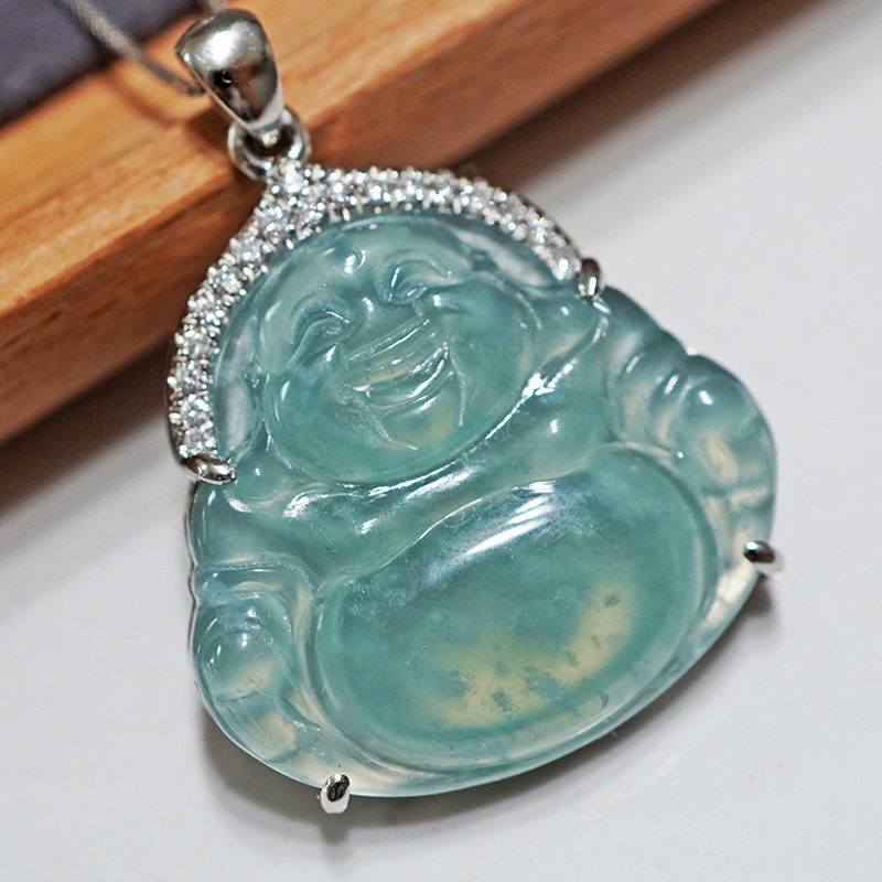 PT950 Platinum Set Emerald Pendant Cultivation Platinum jade Maitreya Buddha Buddha belly Necklace gift