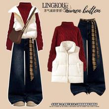 冬季加绒加厚套装女2025韩版宽松棉服马甲+高领毛衣+牛仔裤三件套