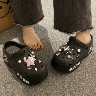 New Rhinestone Star Women's Shoes Outer Wear Platform Bottom Heightened Baotou Sandals and Slippers Internet Popular All-match Summer Hole Shoes for Women