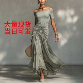2026欧美外贸新款夏季一字领拼接褶皱不规则气质收腰性感连衣裙