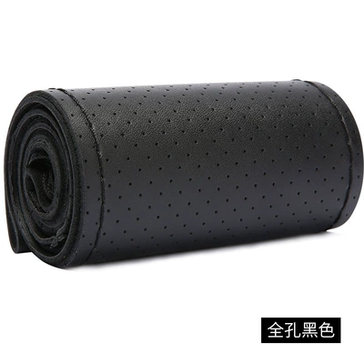 Real cowhide car steering wheel cover manufacturers wholesale Four Seasons universal hand-stitched handle cover new leather cover (Steering wheel cover) - full-hole-black-38cm