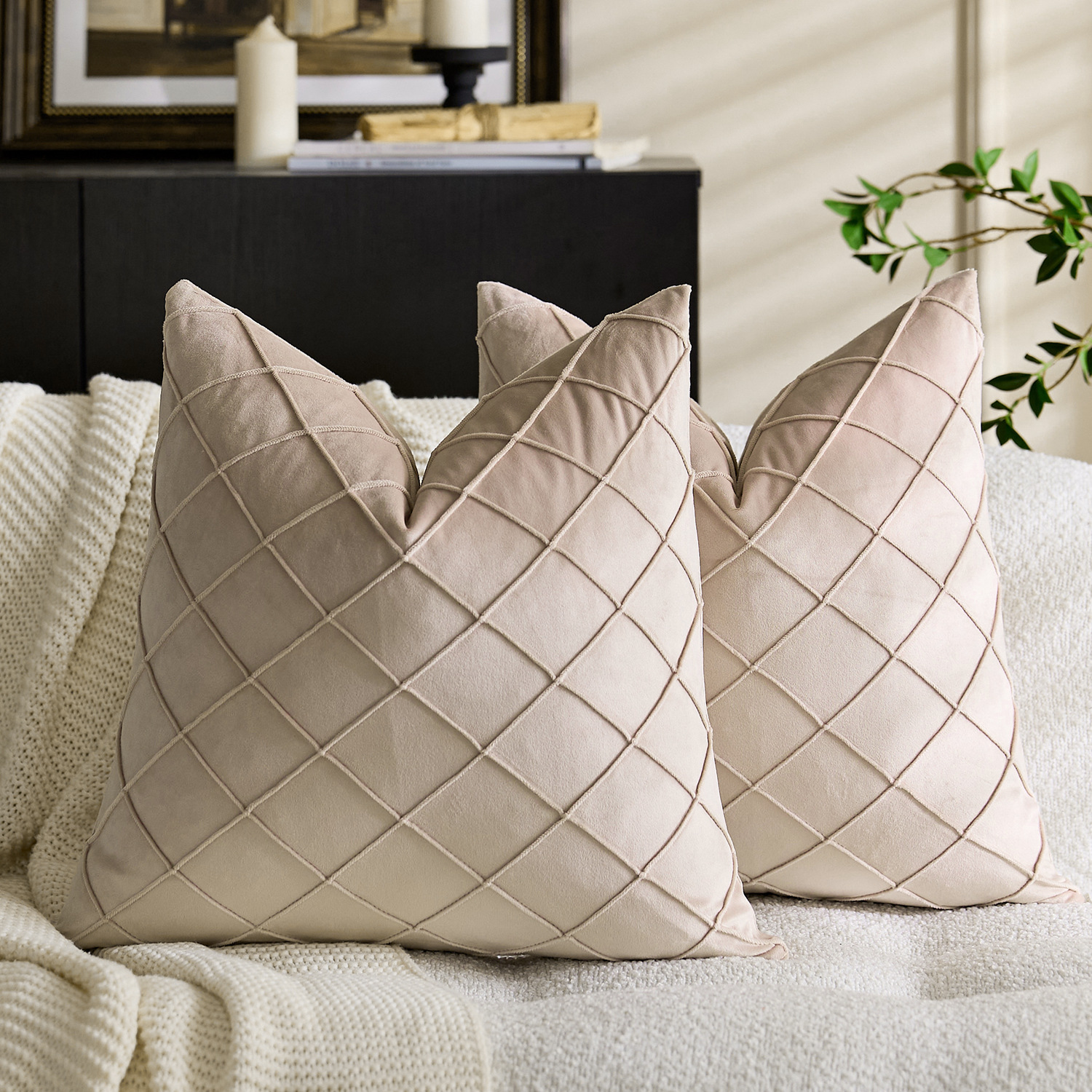 国境を越えた北欧の純色ビロード刺繍の方格子抱き枕カバー