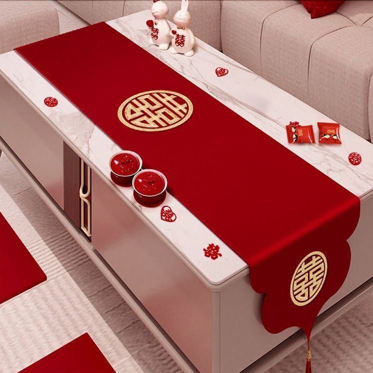 Wedding Tablecloth Red Happy Character Table Flag Coffee Table Covered Cloth Wedding Room Decoration Wedding Engagement Chinese New House Layout