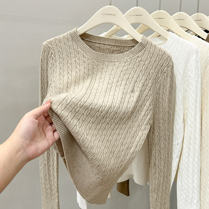 New Lace-Trimmed Base Shirt for Women, Spring and Autumn, Half-High Collar, Slim Fit, Elegant Sweater, Apricot Color, Long-Sleeve Knit Top