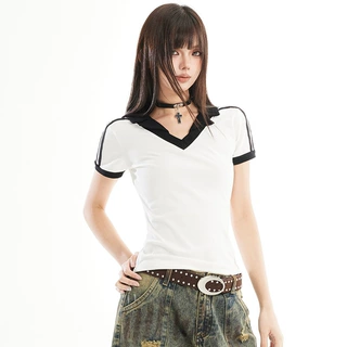 YECHUAN#2026美式V领正肩短袖T恤女辣妹风修身收腰设计感运动上衣