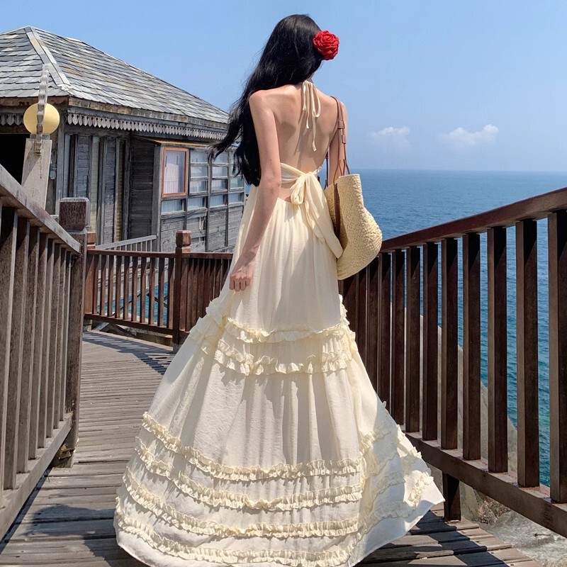 Seaside Beach Elegant Dress Suspender Holiday Long Skirt Beige Sexy Backless Fairy Summer Floor-Length Atmosphere Seaside Beach Elegant Dress Suspender Holiday Long Skirt Beige Sexy Backless Fairy Summer Floor-Length Atmosphere