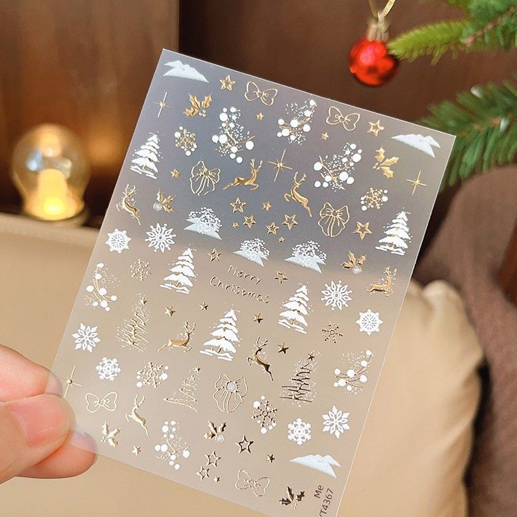 2025 New Gold and Silver Christmas Nail Art Stickers Snowflake Reindeer Embossed Adhesive-Backed Nail Decoration Stickers 3D Stickers