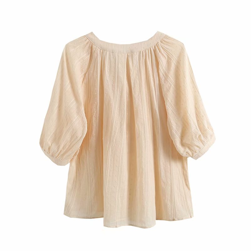 retro thin V-neck loose puff five-point sleeve white shirt  NSAM52921