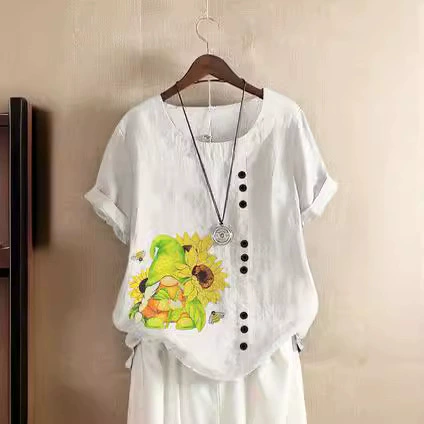 Новый стиль большого размера повседневный свободный хлопок и льна с короткими рукавами футболка вата и льна женская одежда
