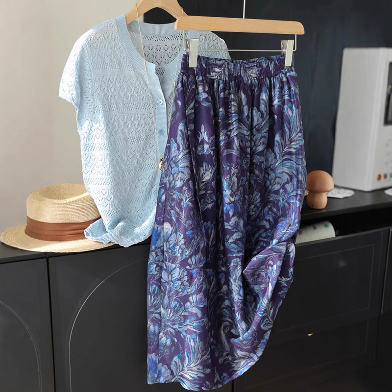 Star River Kite Tencel Linen Soft Printed Skirt High Waist A-Line Mid-Length Flower Bud Skirt Women's Summer New