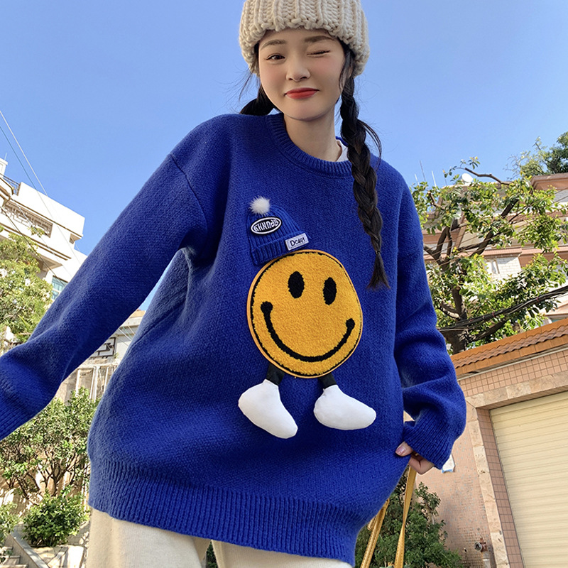 Women's Klein Blue Design Sense Smiling Face Thickening Niche Knit Top