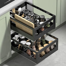 厨房橱柜调味拉篮不锈钢双层柜内收纳抽屉式调料内置物架阻尼轨道