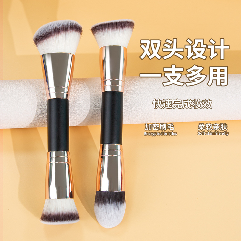 Cepillo de base de doble cabeza cepillo de reparación de cabeza oblicua sombra de contorno floreciente cabeza plana sin costuras base de crema BB cepillo de maquillaje líquido transfronterizo