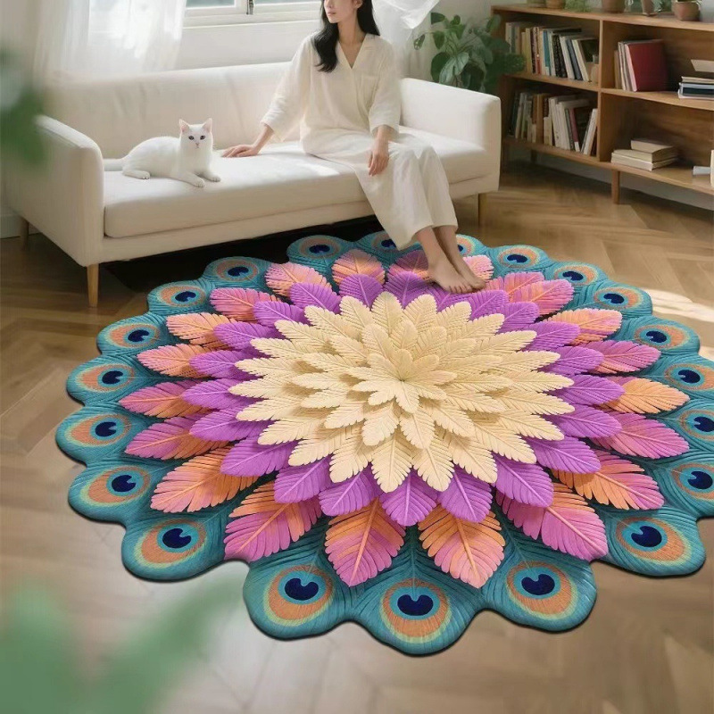 3D效果孔雀花卉圆形水晶绒印花地毯家用装饰客厅防滑易打理沙发毯|undefined