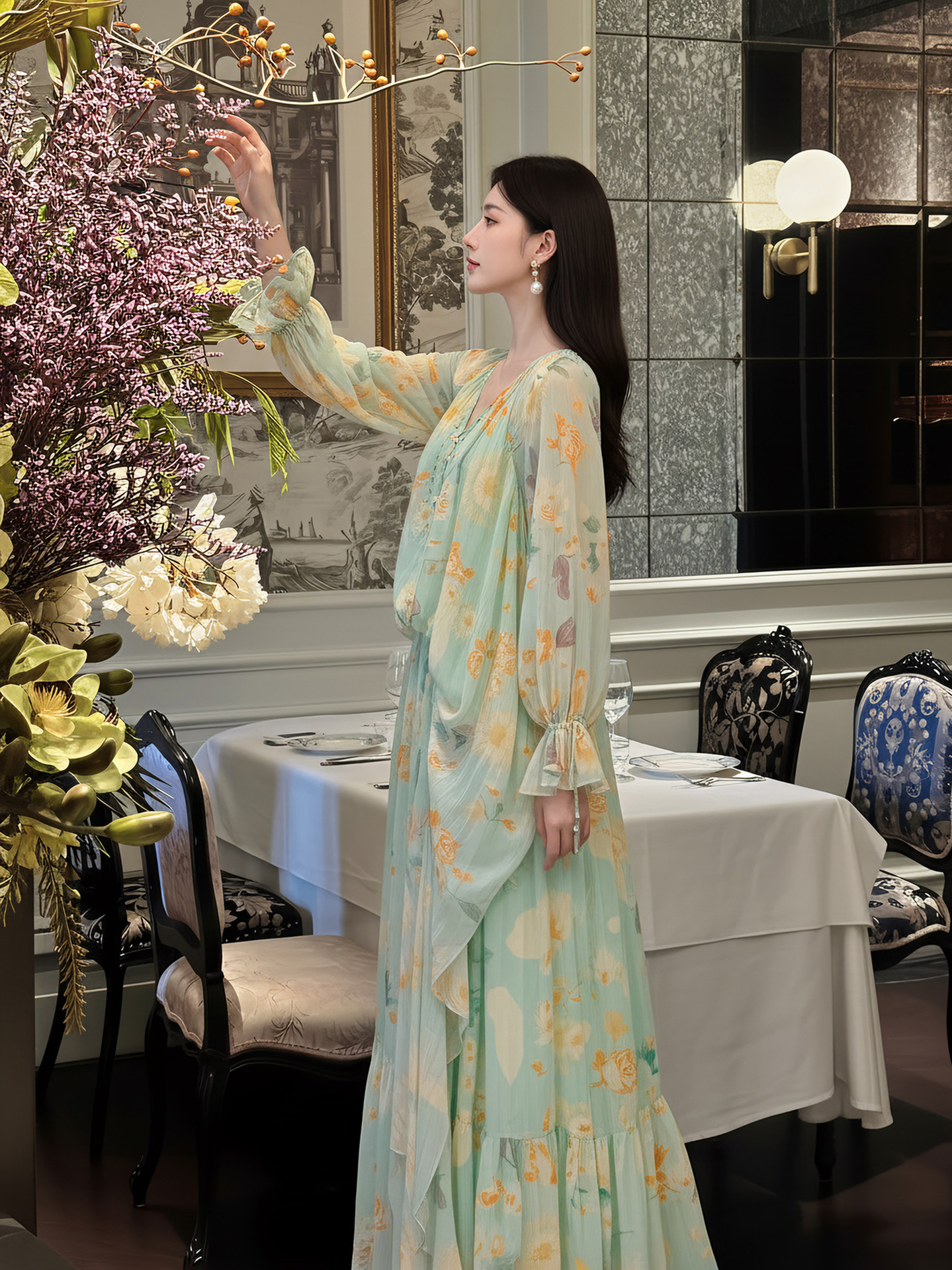 Đầm maxi nữ thắt eo phong cách Tân Trung Hoa in họa tiết thiết kế giả hai lớp — Thiên Thanh