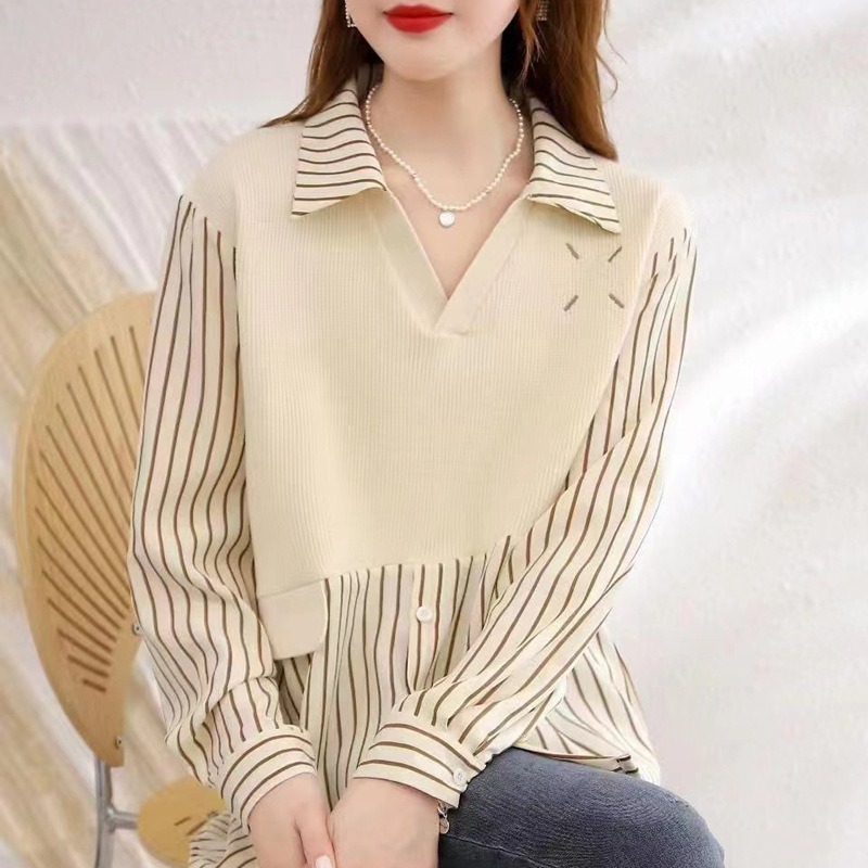 韩版显瘦时尚减龄衬衫领针织拼接条纹优雅气质宽松长袖毛衣女上衣