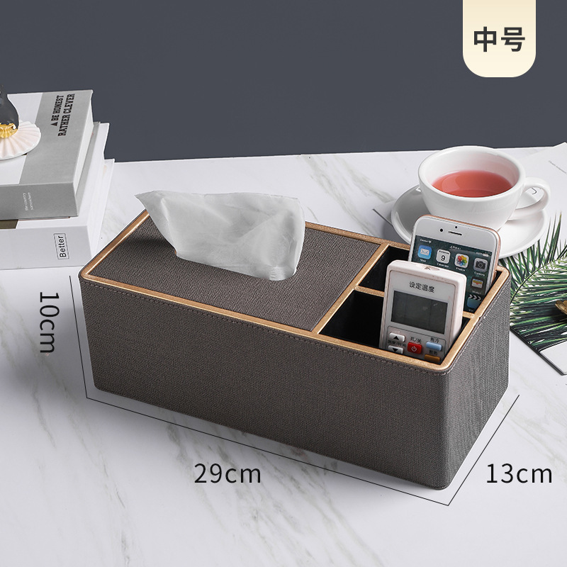 Caja de pañuelos comercial hogar Luz de lujo nórdico multifunción mesa de café control remoto Hotel caja de pañuelos de cuero impreso LOGO