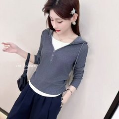 一件代发2025春秋季新款拼接假两件上衣连帽长袖T恤女士打底小衫