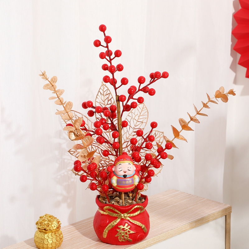 創意的なお祝いの福袋の花瓶のお正月の花のシミュレーションの花の金持ちになるザクロの果実の置物の新春の家の装飾の抱っこの桶|undefined