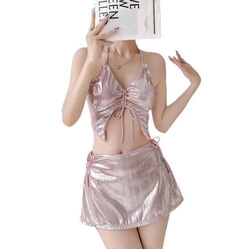 Bathing suit set with shiny silk, sexy bikini, hot spring beach vacation, strapless, gathers three-piece swimwear