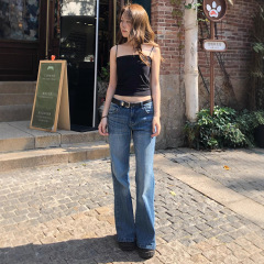 深蓝竹节纹复古微喇牛仔裤女2025年秋季新款不贴腿低腰宽松喇叭裤