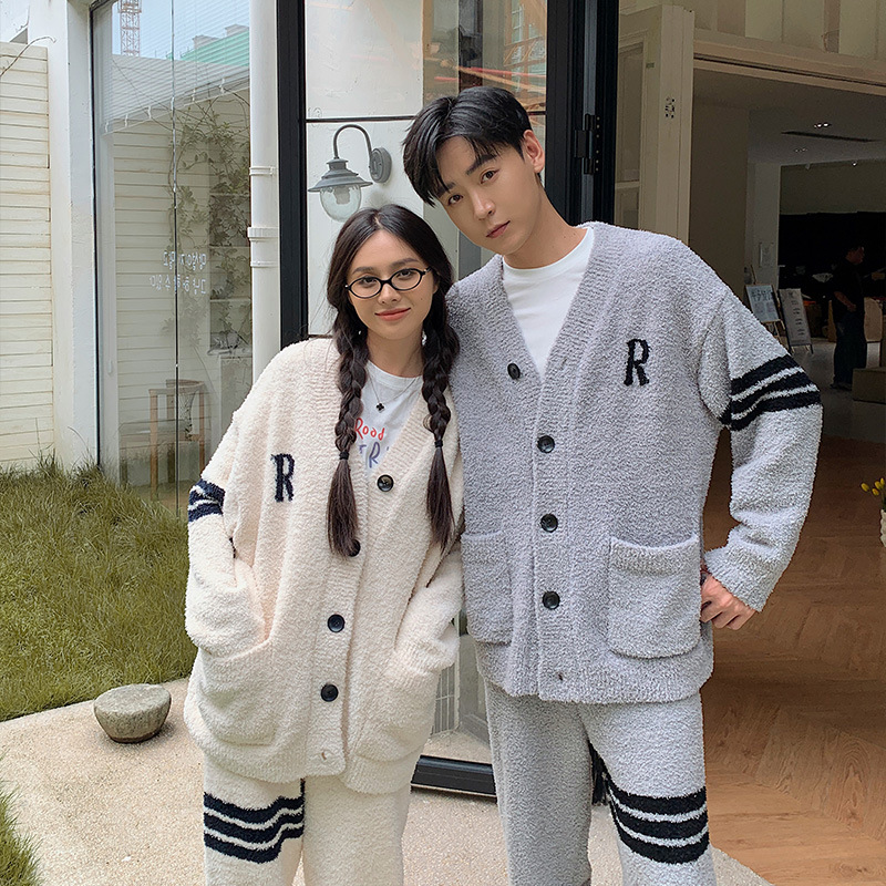 하프 벨벳 커플 느슨한 잠옷 여성 기모 두꺼운 대비 카디건 고급 편안한 봉제 홈 의류