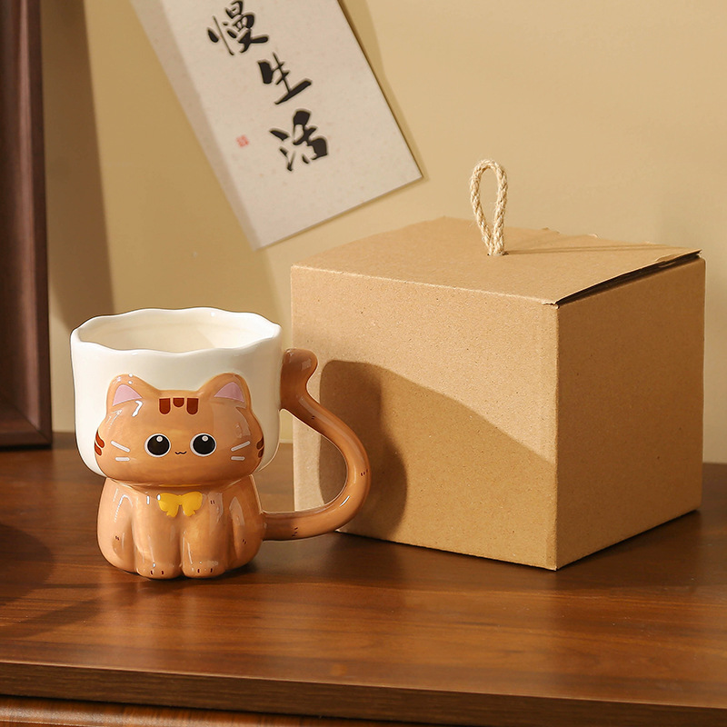 Taza Mug de Cerámica con Relieve de Gato Pintado Bajo Esmalte Resistente a Altas Temperaturas para el Hogar