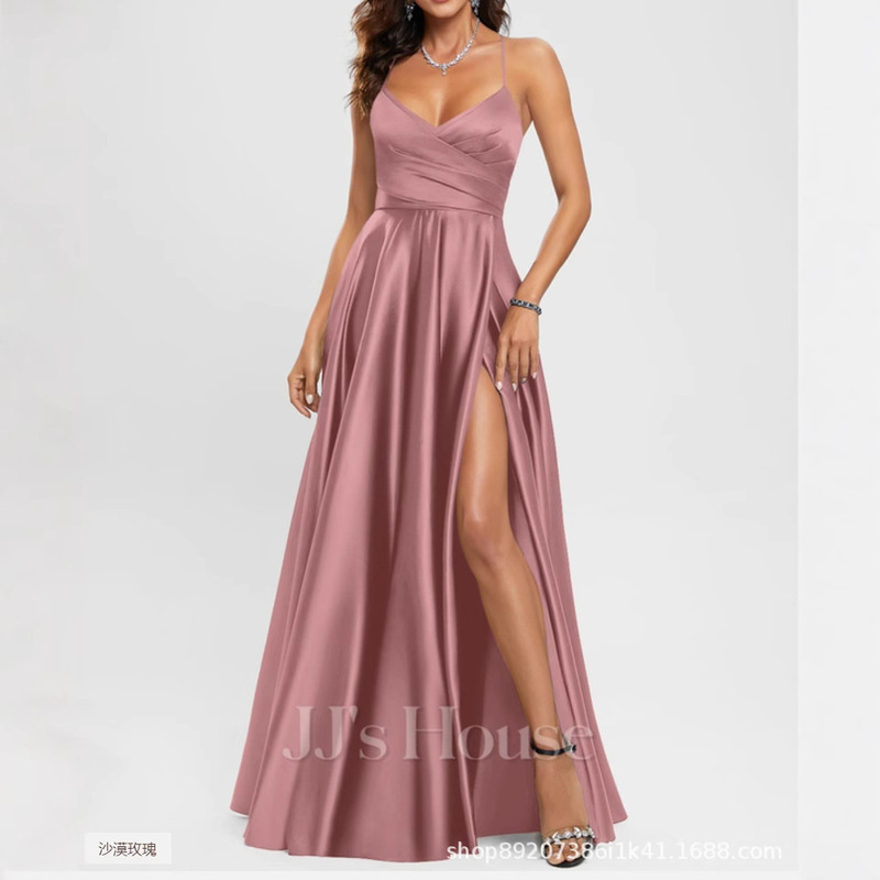Amazon European and American Satin Bridesmaid Dress Long Dress Slimming Off-Shoulder Bestie Amazon Bridesmaid Group Evening Dress