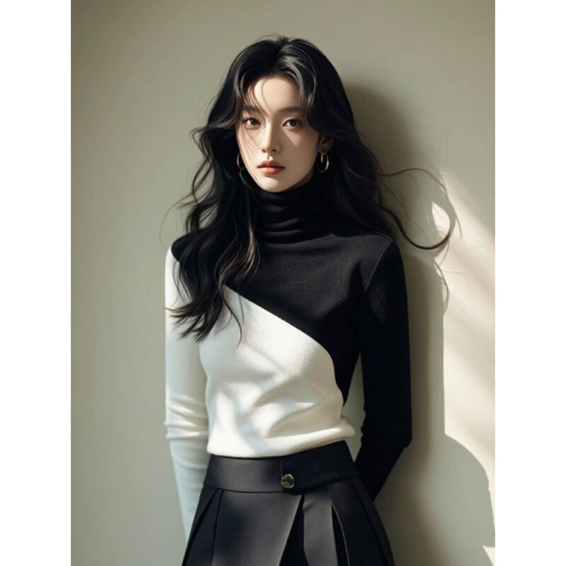 Color-Blocked Turtleneck Short Knit Sweater for Women, Autumn High-End Inner Wear, High-Neck Sweater Top, in Stock Wholesale Color-Blocked Turtleneck Short Knit Sweater for Women, Autumn High-End Inner Wear, High-Neck Sweater Top, in Stock Wholesale