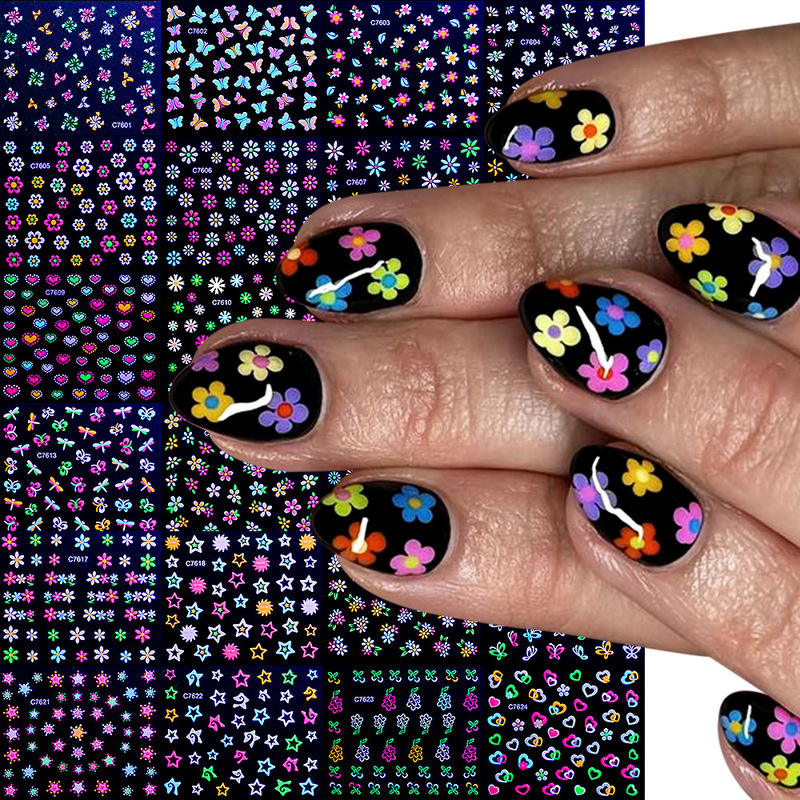 24-Piece Set of Amazon Best-Selling Fluorescent Nail Stickers with Butterflies, Stars, Bars, and Nightclubs That Glow in the Dark