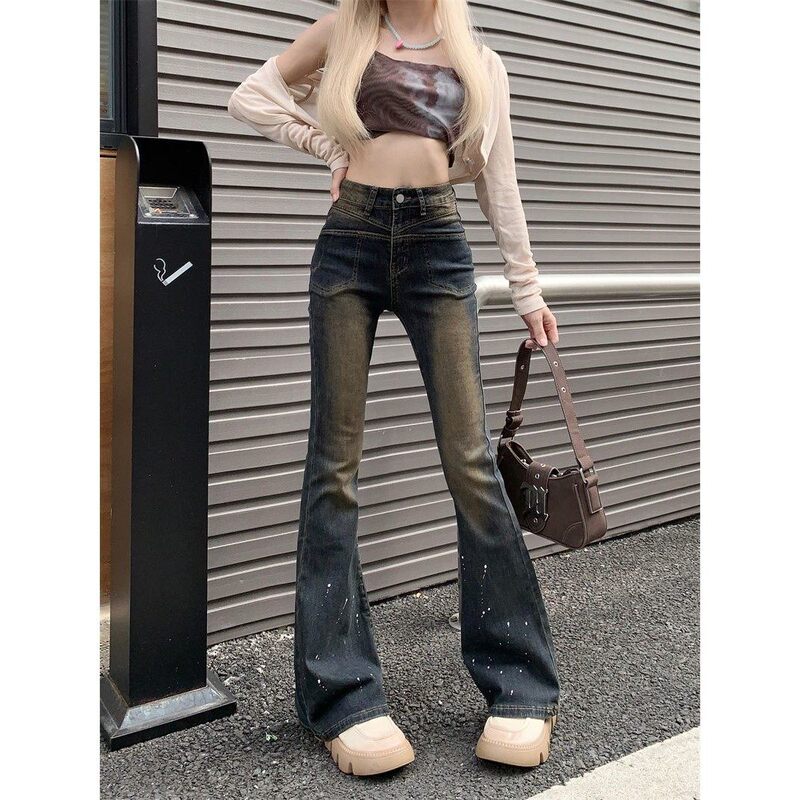 American-Style High Street Retro Distressed Flared Jeans for Women, Summer Low-Waist Design with Splatter Paint Wide-Leg Pants for Petite Figures American-Style High Street Retro Distressed Flared Jeans for Women, Summer Low-Waist Design with Splatter Paint Wide-Leg Pants for Petite Figures