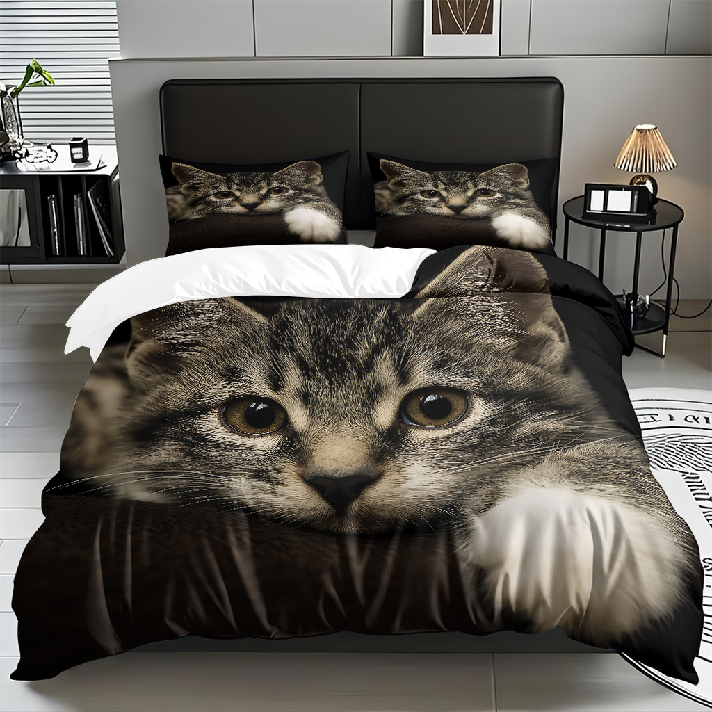 TEMU / JIT adorable gatito impresión digital suave set de colcha de edredón textil para el hogar se puede diseñar venta directa de fábrica