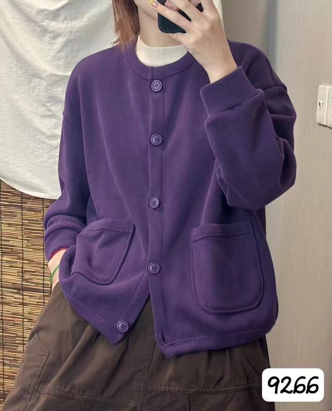 CO秋冬款韩版宽松简约圆领双口袋加绒休闲外套百搭保暖上衣女9266|undefined