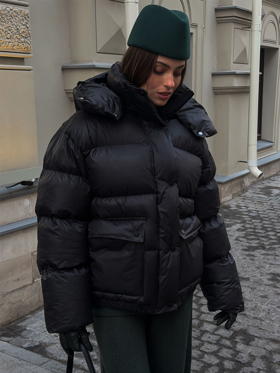 Europa y los Estados Unidos de invierno de 2025 nuevo algodón de bolsillo cuadrado abrigo de algodón con capuchón caliente para mujeres
