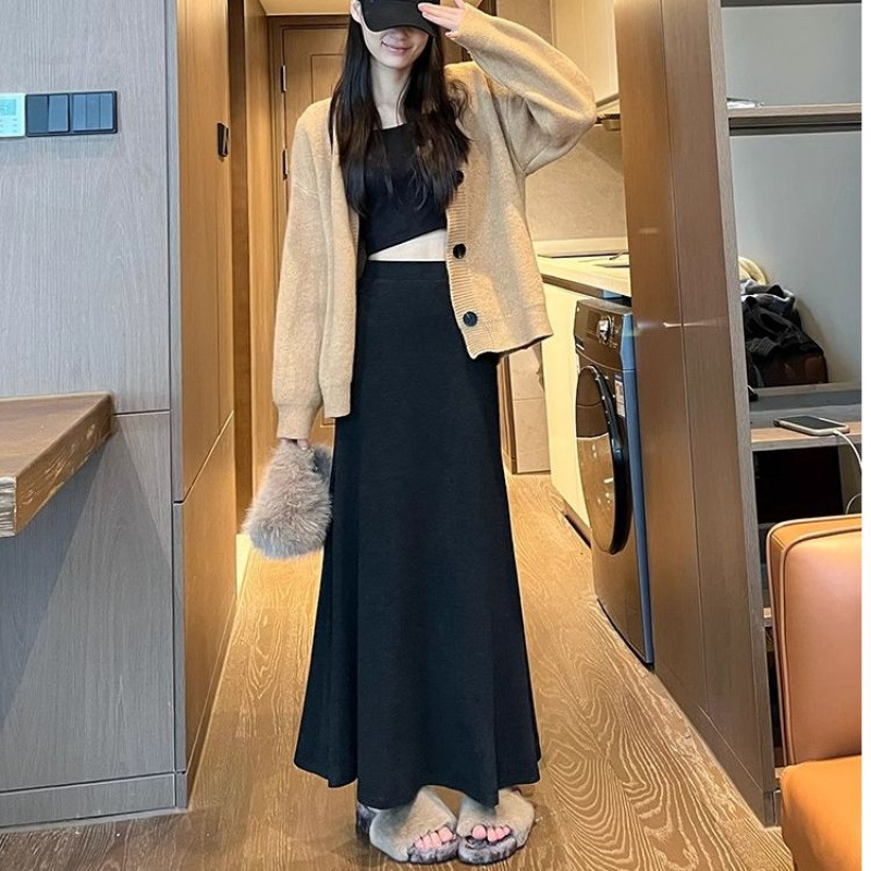 黑色鱼尾裙女秋冬季长裙百搭气质a字包臀显瘦针织半身裙中长款裙|undefined
