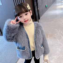 女童小香风毛毛衣外套冬装2024新款洋气网红时髦儿童宝宝加厚皮草