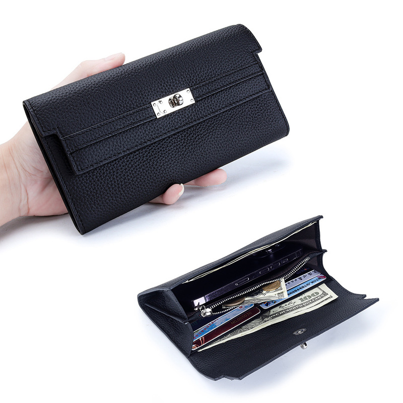 Genuine Leather Long Wallet for Women, New Fashion Kelly Wallet, First Layer Cowhide, Large Capacity, Long Wallet for Mobile Phone