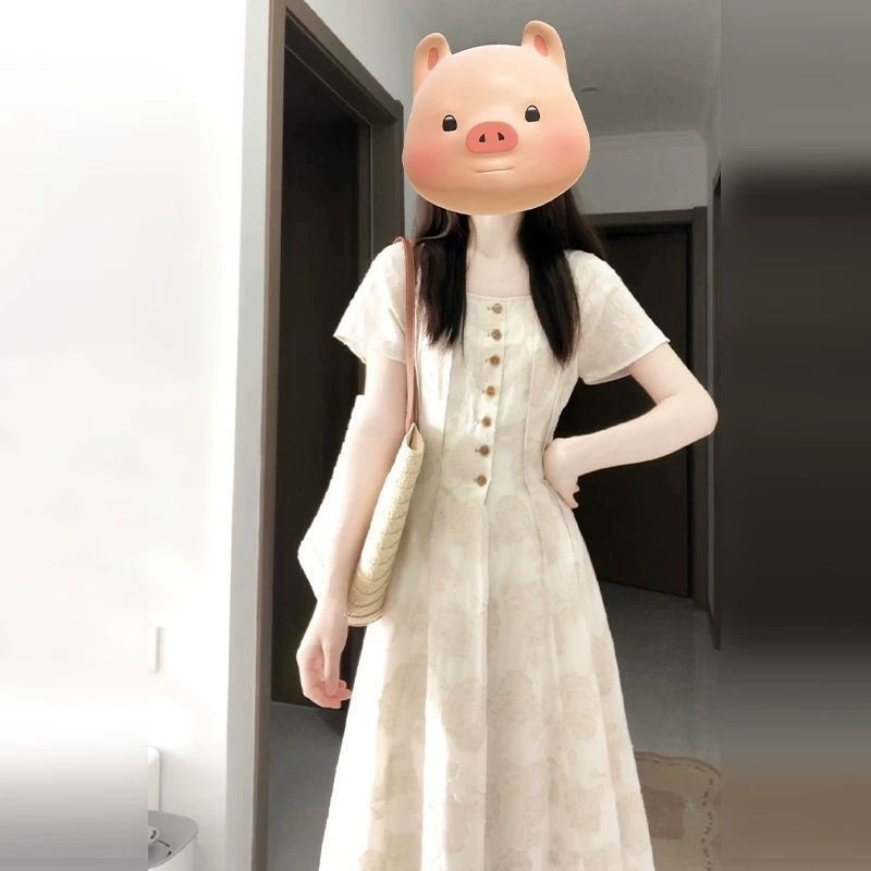 Đầm suông midi cổ vuông họa tiết hoa nhí phong cách Pháp, tay ngắn, thắt eo tạo dáng thon gọn — màu mơ chi tiết 2