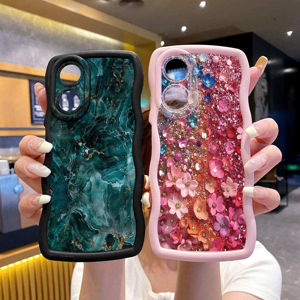 Suitable for Oppo A58 Protective Case A78 Green Marble Sequin Floral Wave Edge Anti-Fall Mobile Phone Case
