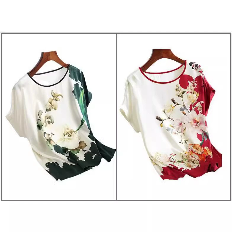 Silk T-Shirt for Women, Plus Size Mother’s Top, Round Neck, Summer Body-Friendly