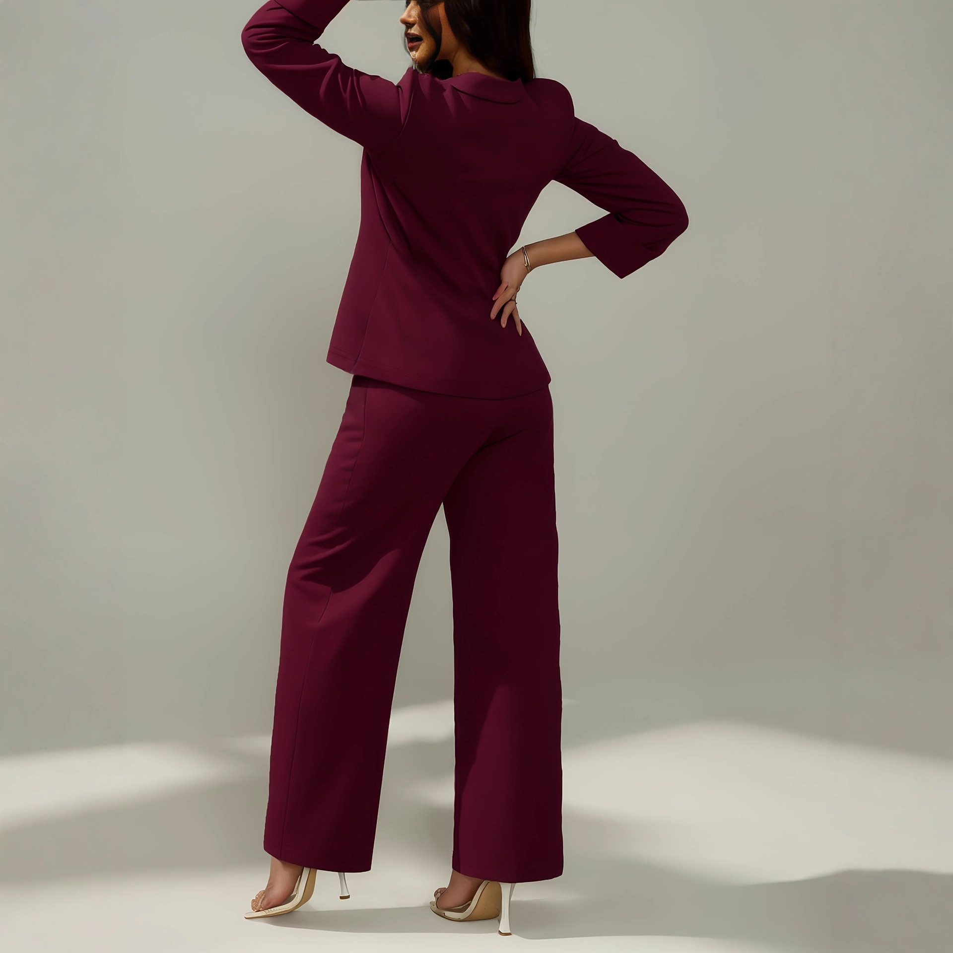 Elegant Two-Piece Set: Short Sleeve Top With Flowy Wide-Leg Pants For Women Autumn Winter Office Casual Outfit Solid Color Knit Jumpsuit Alternative_ecoleips.com