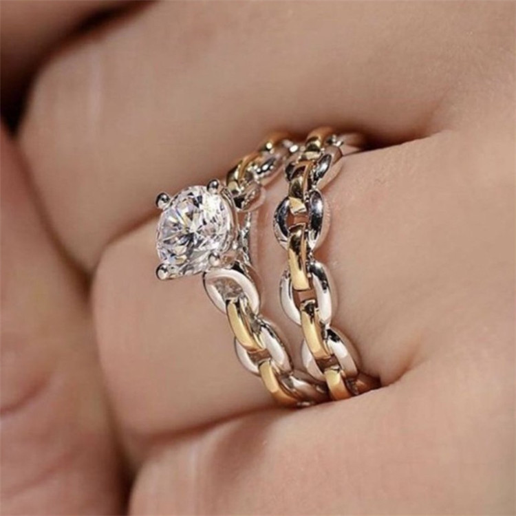 Wish Super New Diamond-encrusted Chain Ring Color-separated Two-piece Women's Yellow Silver and Gold Two-color Wedding Engagement Ring