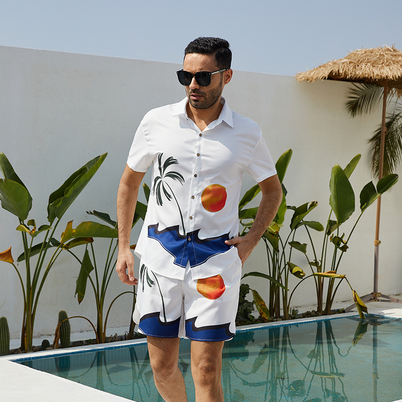 아마존 프론트 셔츠 프린트 아메리칸 라펠 비치 셔츠 남성 여름 트렌디 브랜드 반팔 하와이 남성 의류