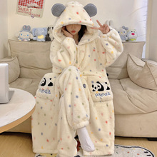 可爱熊猫睡袍女秋冬季新款法兰绒家居服珊瑚绒冬天加厚绒睡衣套装